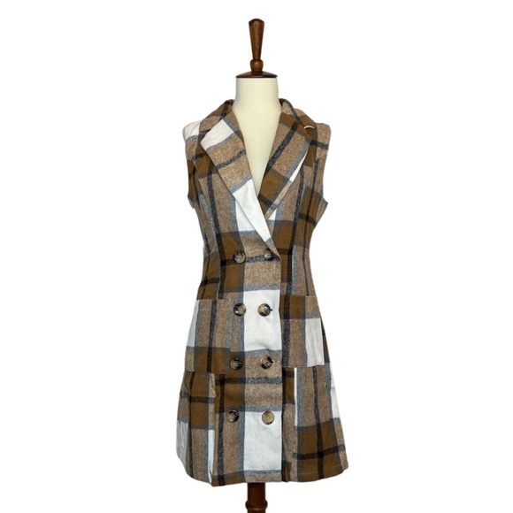 Double Breasted Brown Plaid Vest Button Down Mini Dress - Picture 6 of 16